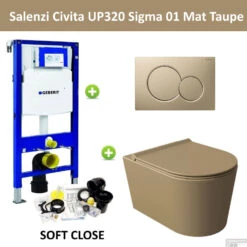 Geberit UP320 Toiletset Compleet | Inbouwreservoir | Wandcloset Salenzi Civita Mat Taupe | Drukplaat